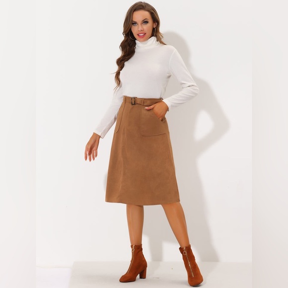 Allegra K Casual Faux Suede Pockets Stretch A-Line
Midi Skirt With Belt - Picture 4 of 8